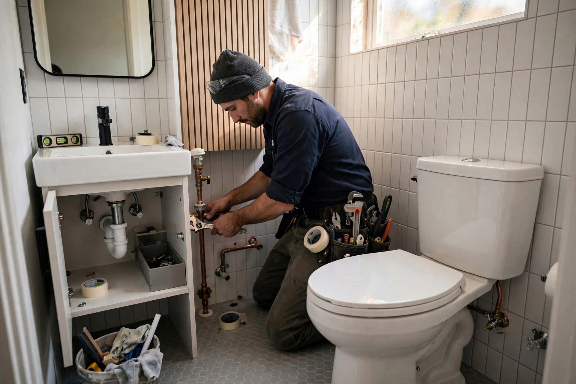 Plumber connecting fixtures in compact ADU bathroom in Los Angeles County