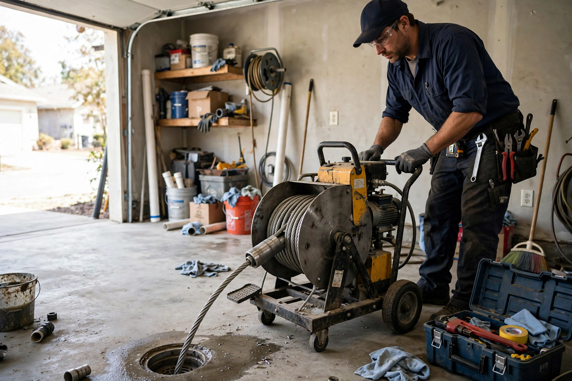 Drain snake auger machine in action clearing drain in California home