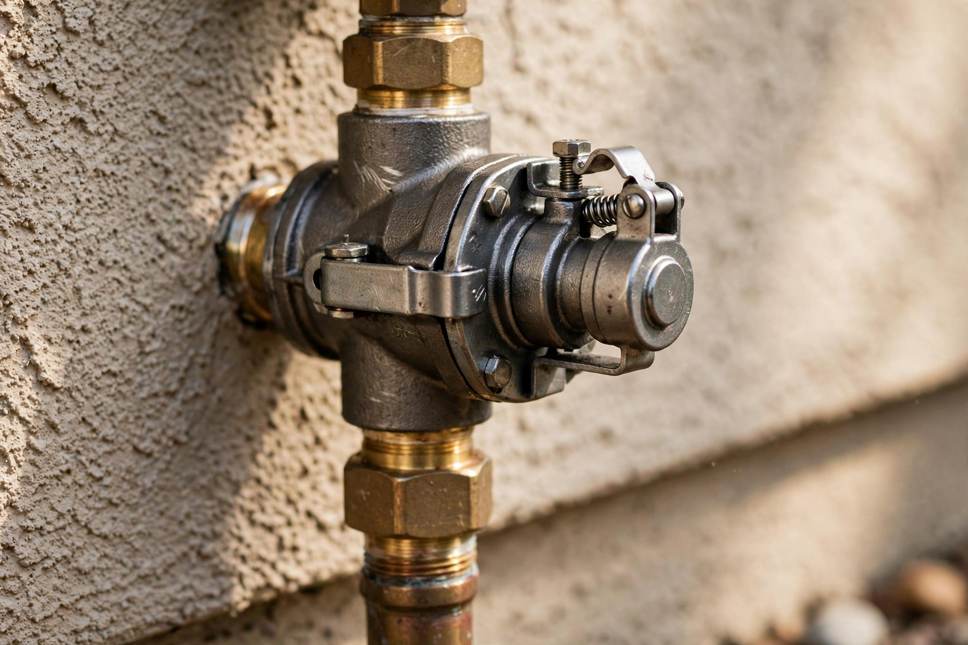 Close-up of seismic earthquake gas shut-off valve mechanism on California home gas line