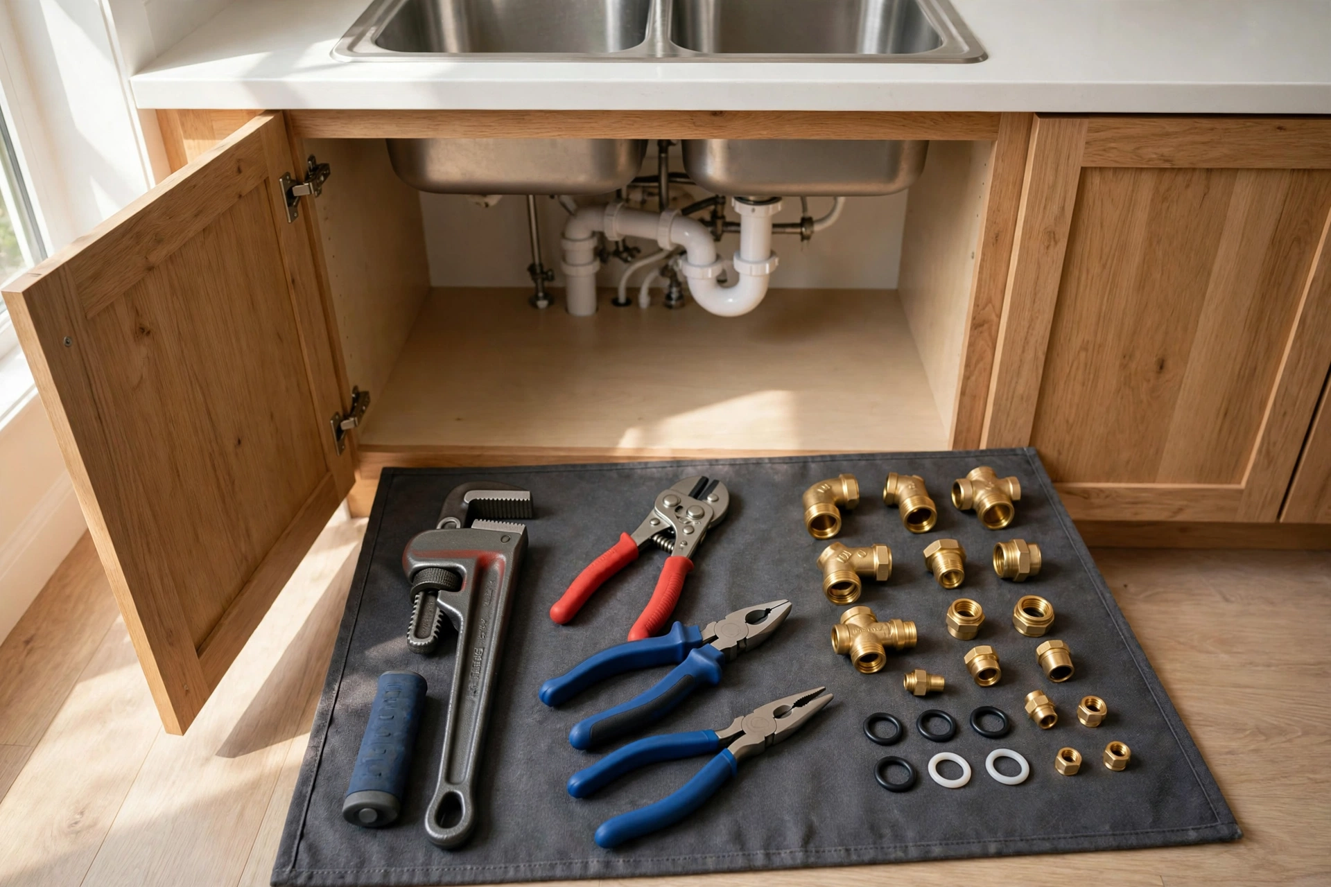 Professional plumbing tools laid out for plumbing job in Pasadena home
