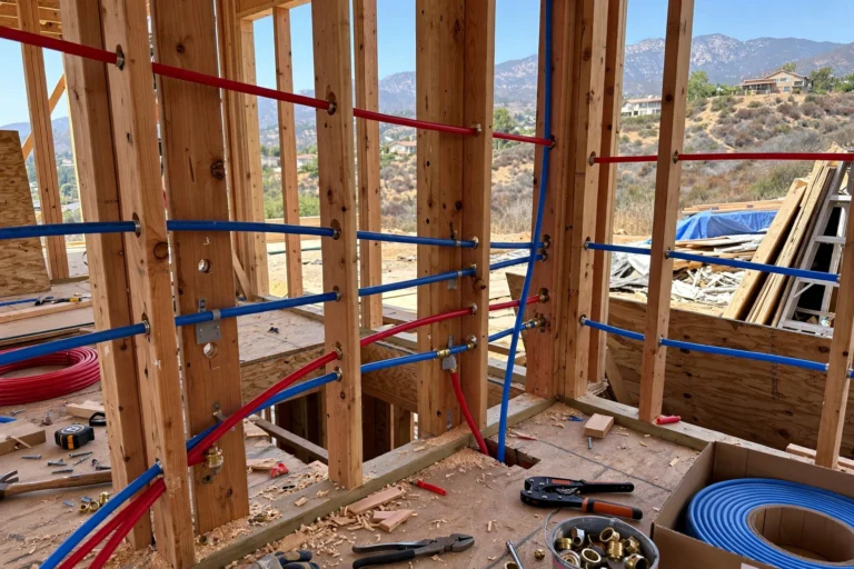 Plumber installing new plumbing rough-in pipes in home under reconstruction in Altadena