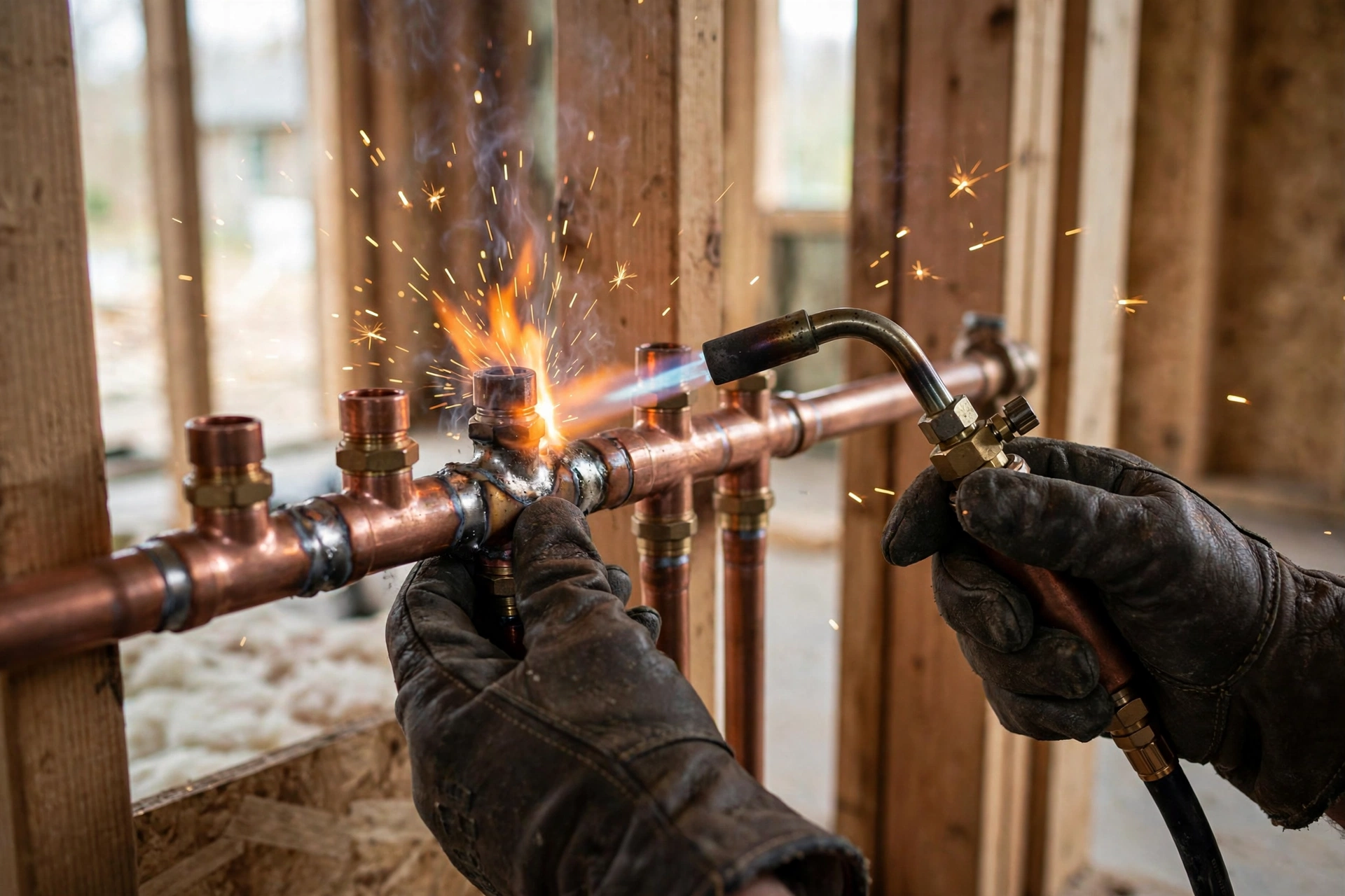 Plumber soldering copper manifold during plumbing rough-in in Altadena home rebuild