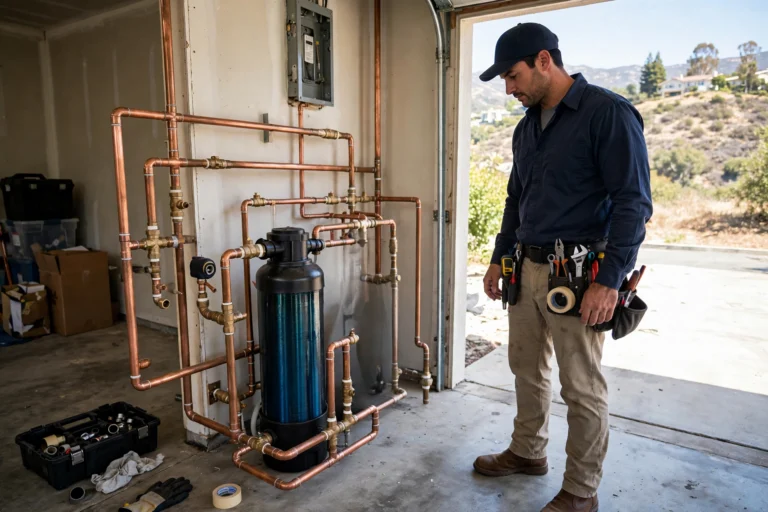 Hard water scale buildup inside corroded water heater pipe in San Gabriel Valley home