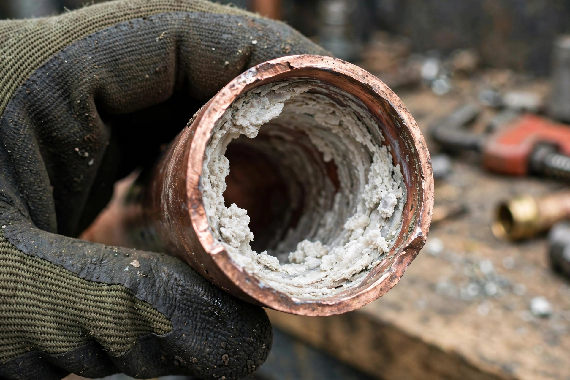 Limescale buildup inside copper pipe fitting from hard water in San Gabriel Valley