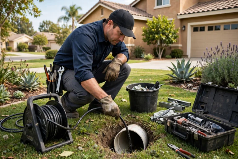 Plumber camera inspection of failing sewer line at foothill home in San Gabriel Valley