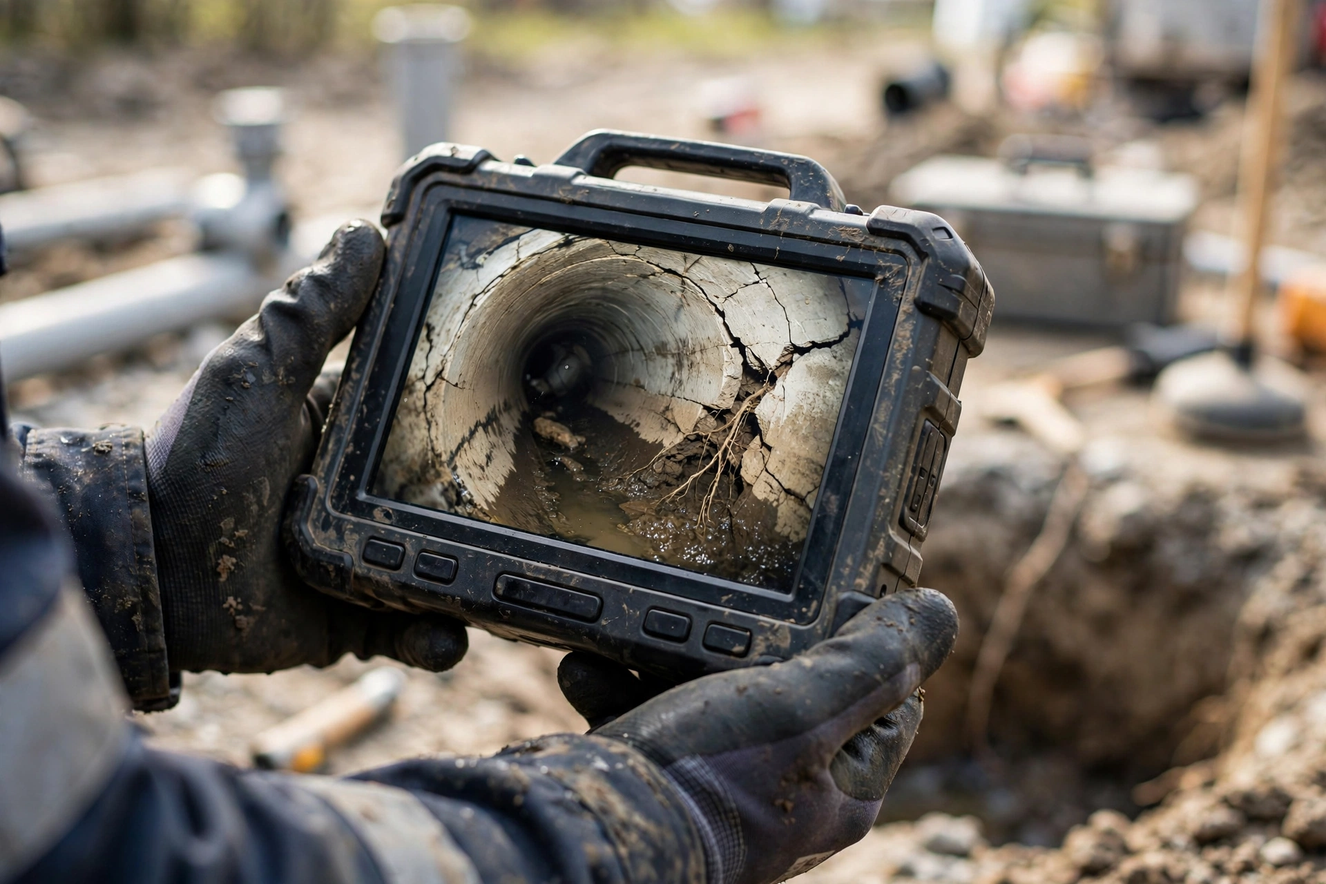 Sewer camera inspection monitor showing failing sewer line interior in California home
