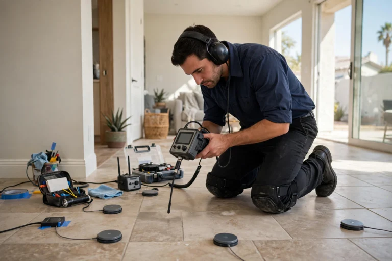 Plumber using electronic slab leak detection equipment on California tile floor
