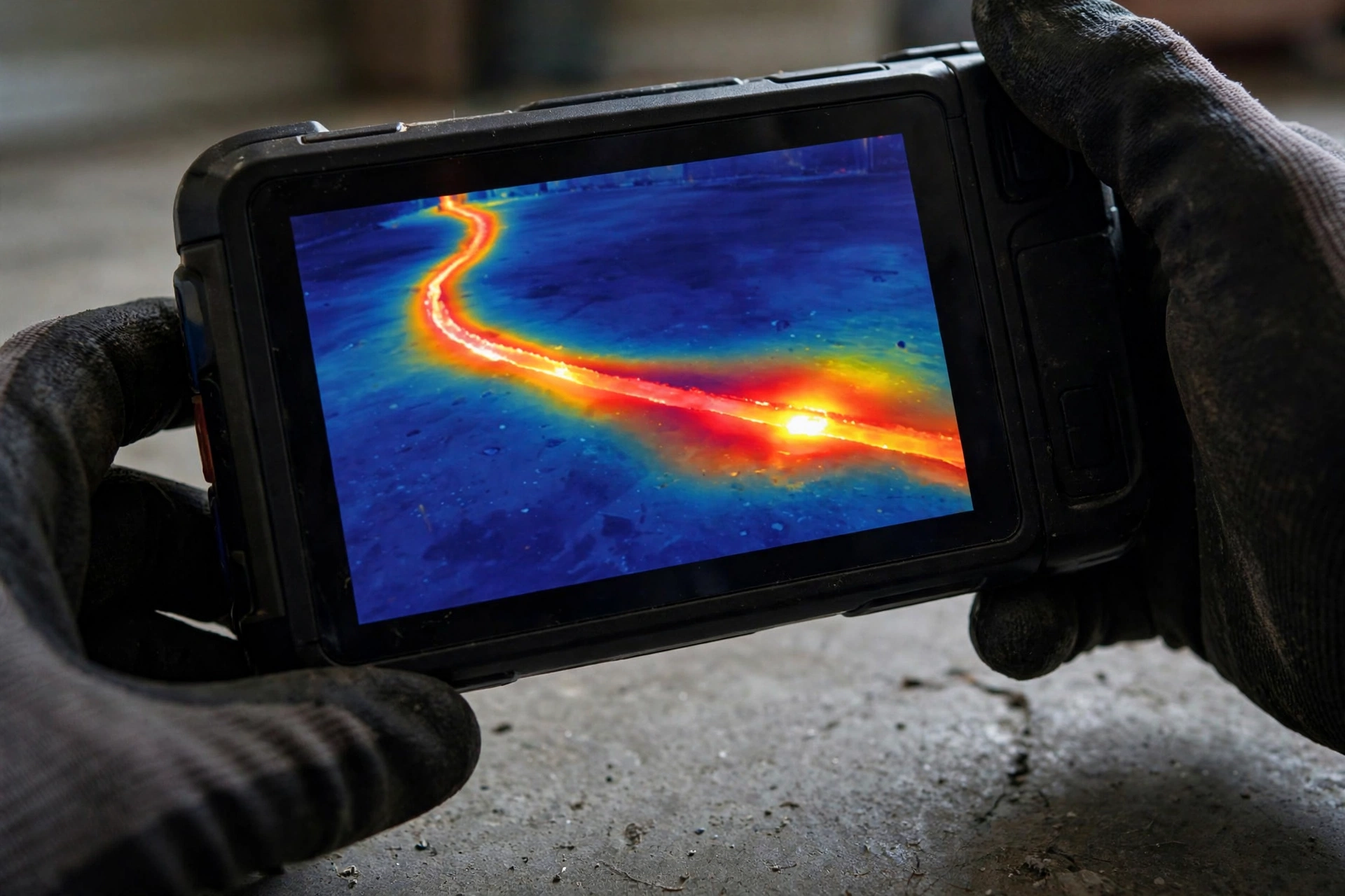 Thermal imaging camera view revealing slab leak under California home floor