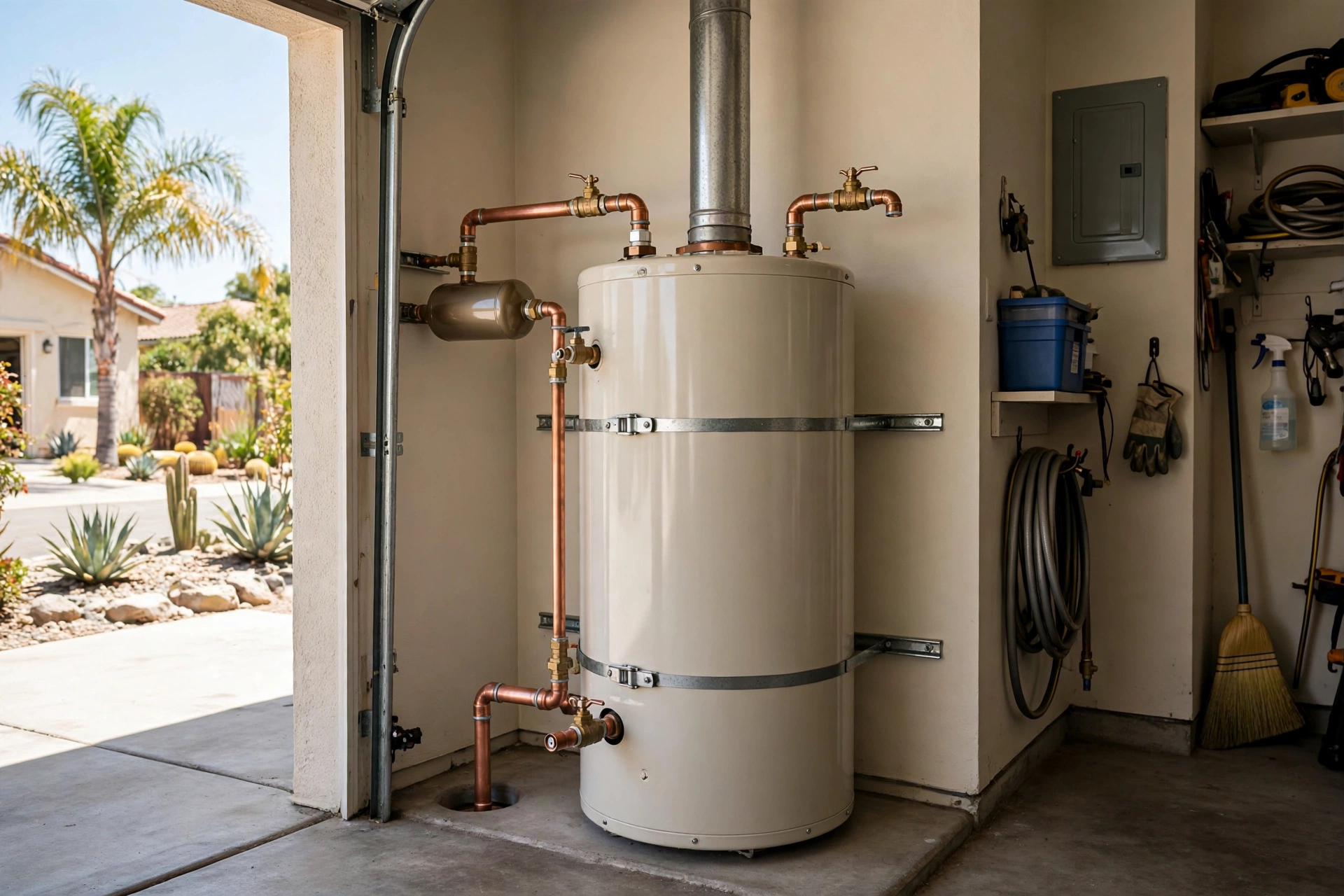 Traditional tank water heater with pipes in California garage for tankless vs tank comparison