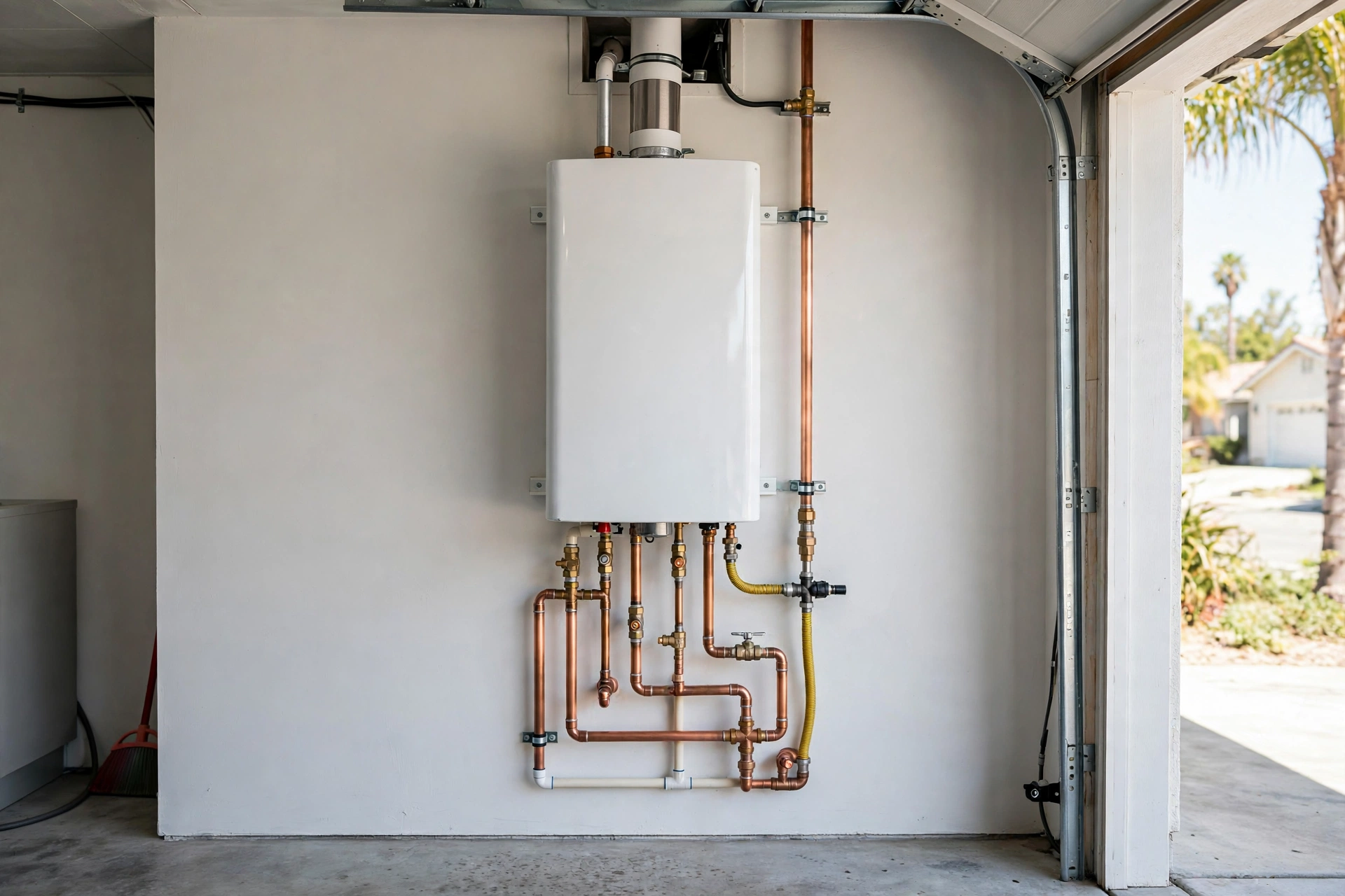Plumber installing tankless water heater in California garage — tankless vs tank water heater cost comparison