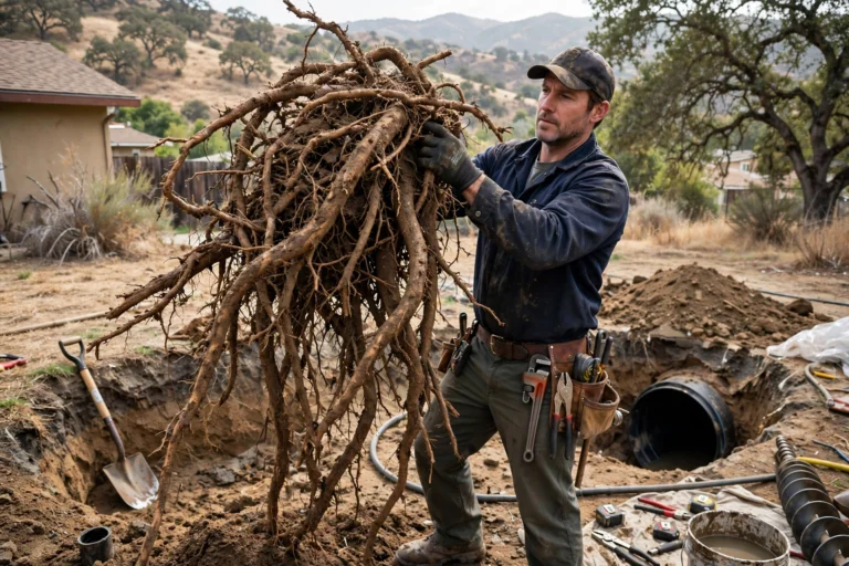 Tree roots pulled from cracked clay sewer pipe causing backup at foothill home in San Gabriel Valley