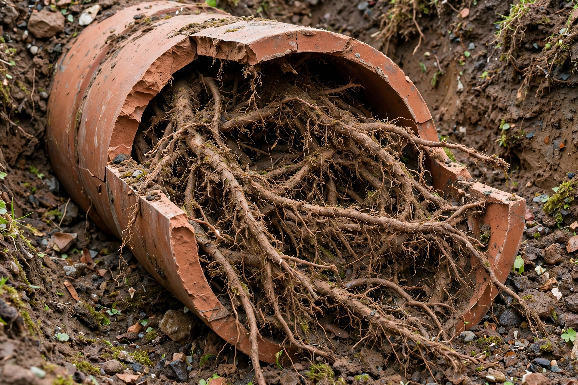 Tree roots clogging inside cracked clay sewer pipe causing backup in foothill home