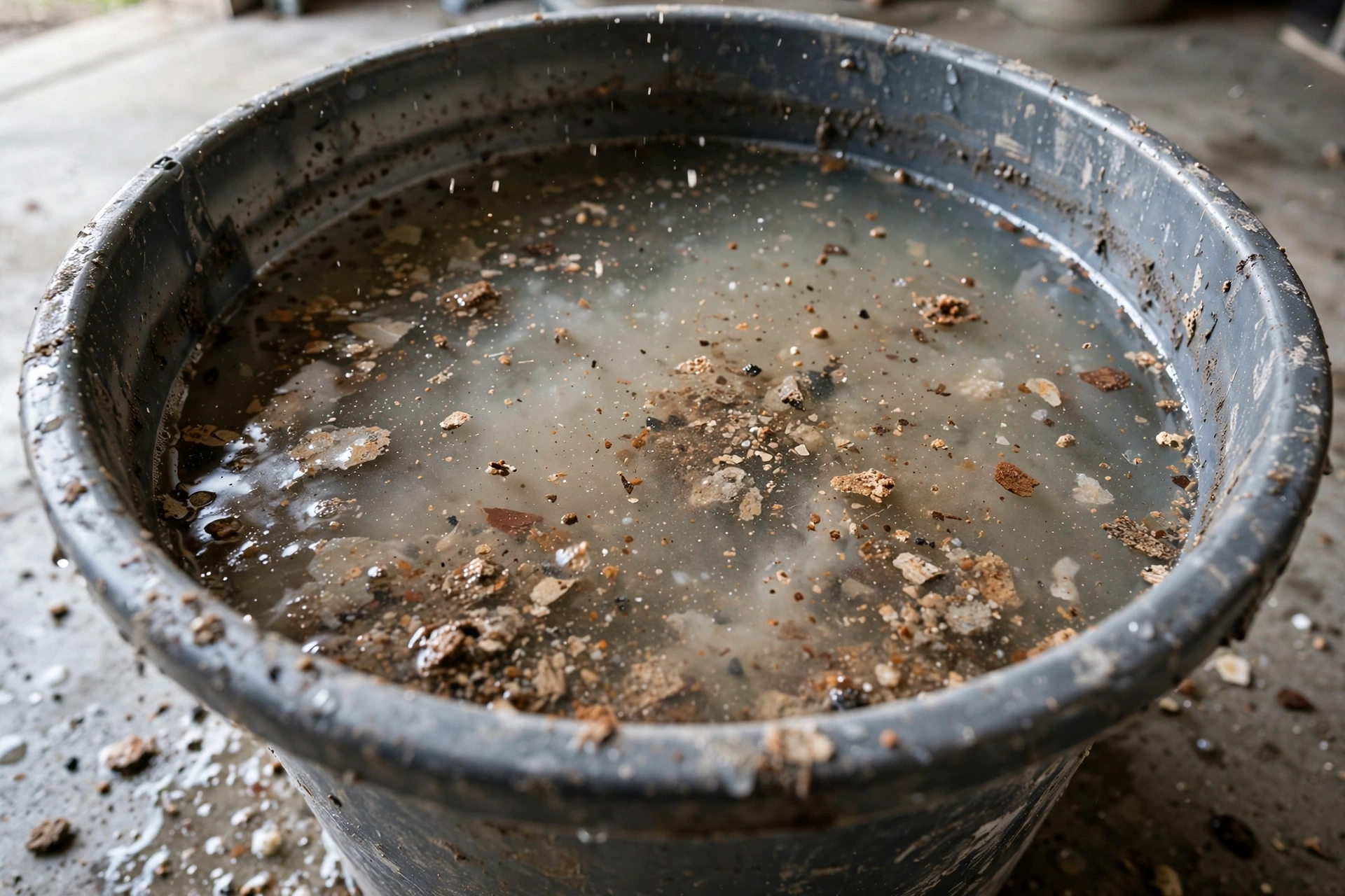 Sediment particles collected in bucket after water heater flush in California home