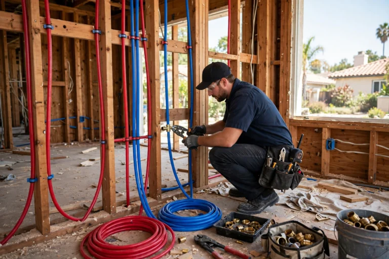 Plumber installing new PEX pipes during whole-house repipe in San Gabriel Valley home