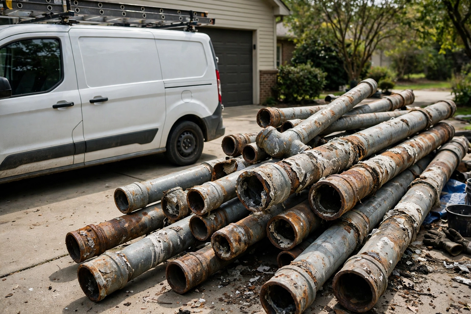 Old corroded galvanized pipes removed during whole-house repipe in California home