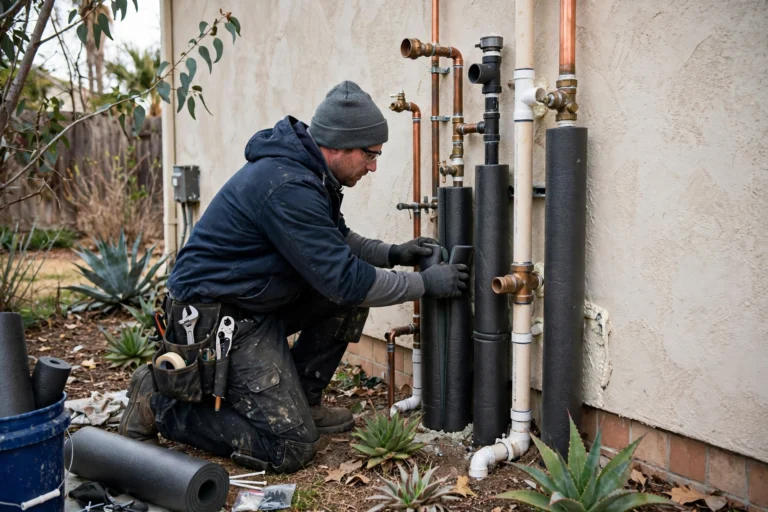 Plumber insulating outdoor pipes for winter prep in San Gabriel Valley home